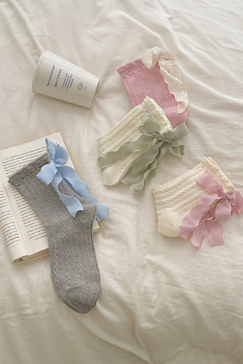 5 paires de chaussettes en tricot texturé avec nœud en ruban contrasté