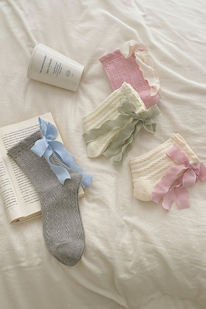 5 paires de chaussettes en tricot texturé avec nœud en ruban contrasté