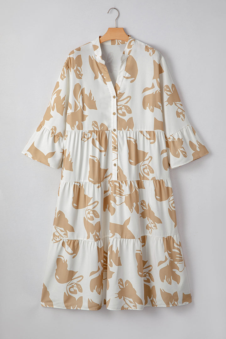 Khaki Patterned Half Placket Tiered A-line Plus Size Long Dress