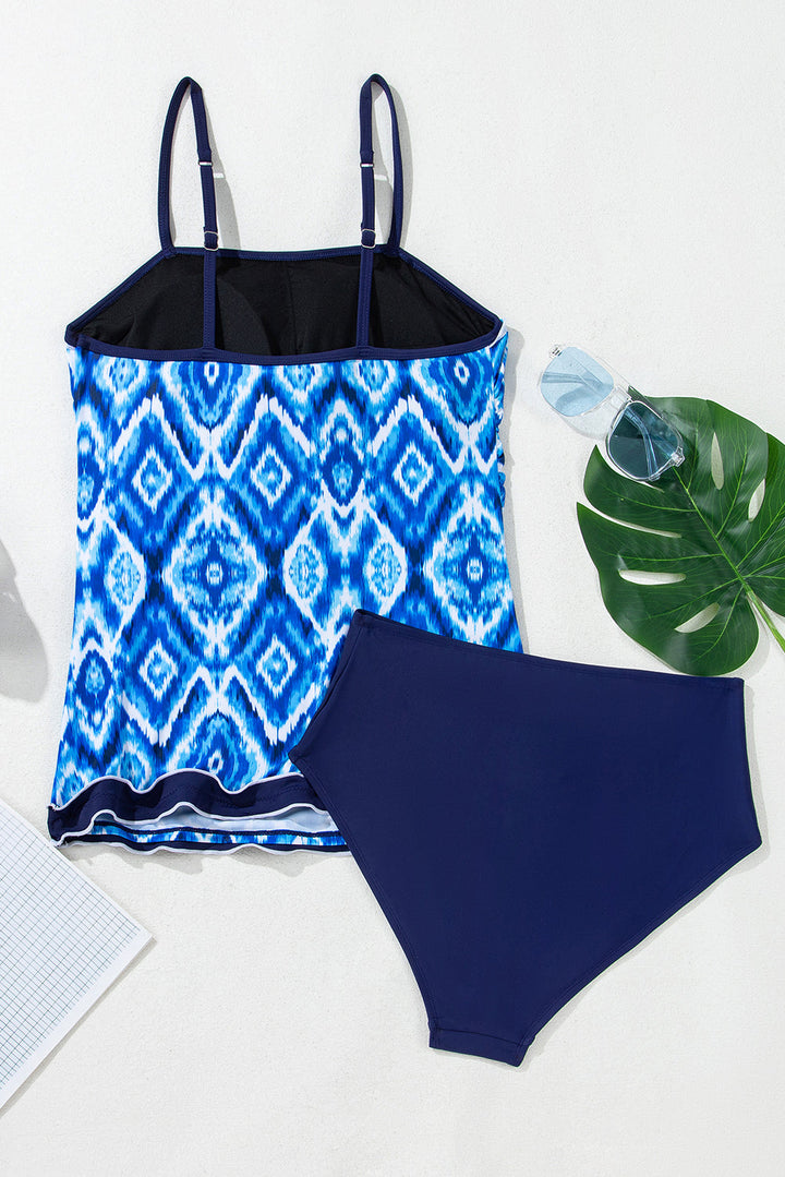 abstract print frilled trim spaghetti straps tankini set