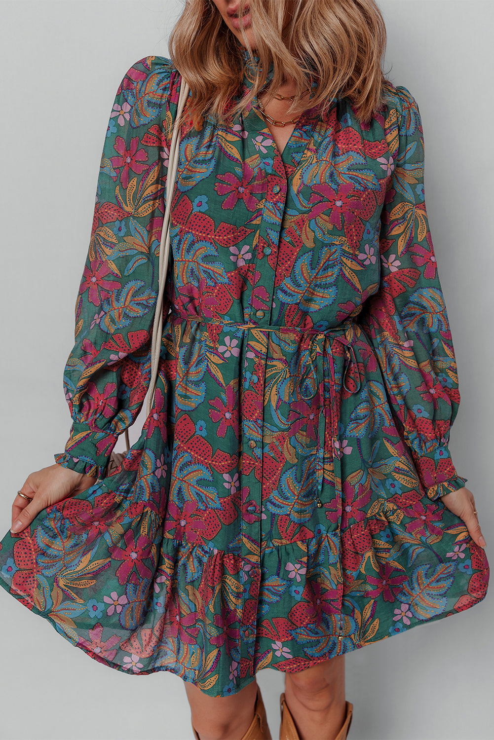 Floral Friled V Neck Puff Sleeve Ruffled Shirt Dress