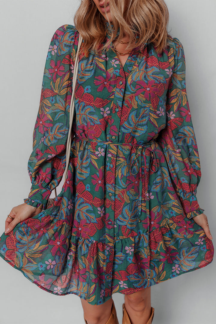 Floral Friled V Neck Puff Sleeve Ruffled Shirt Dress
