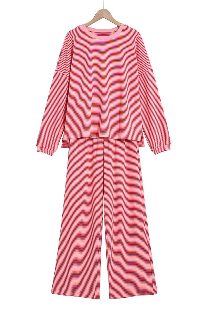 Pink Stripe Contrast Trim Round Neck Oversize Long Sleeve Top 2pcs Pant Set