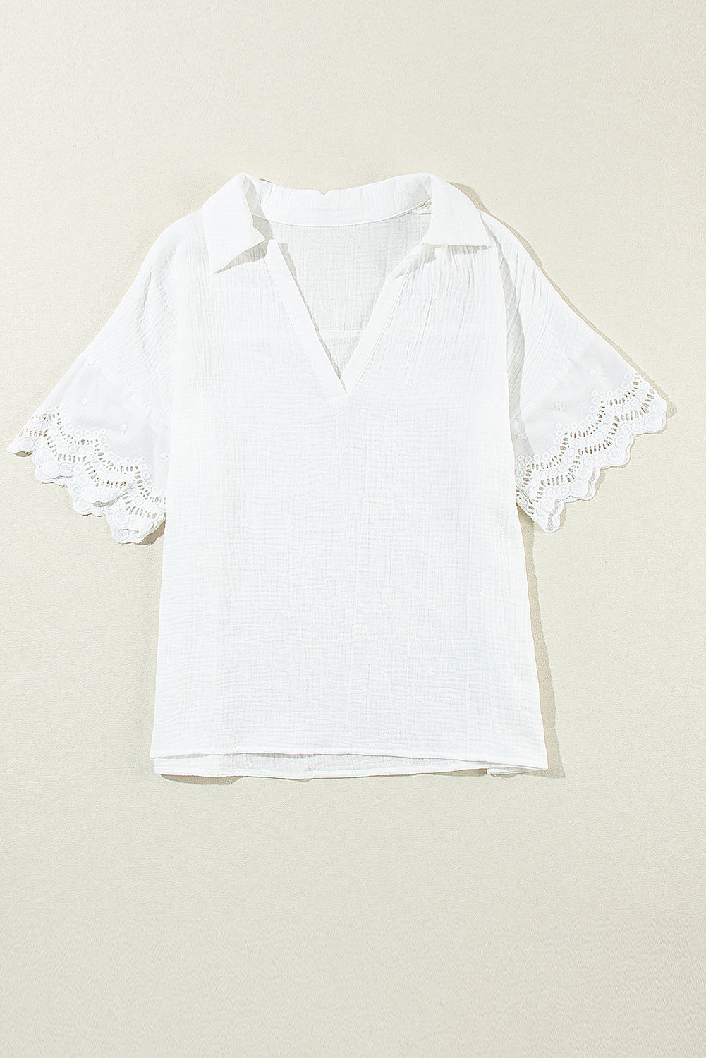 Crinkled Lace Splicing Sleeve Collared V Neck Blouse