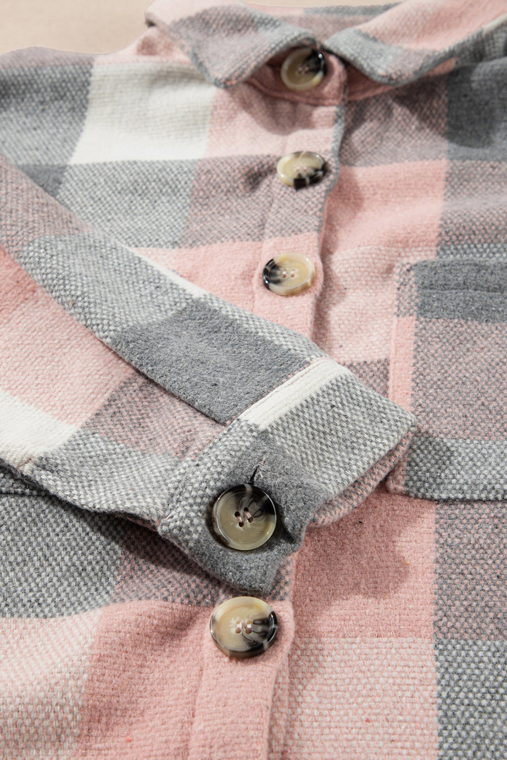 Pink Gray Plaid Color Block Buttoned Long Sleeve Jacket with Pocket