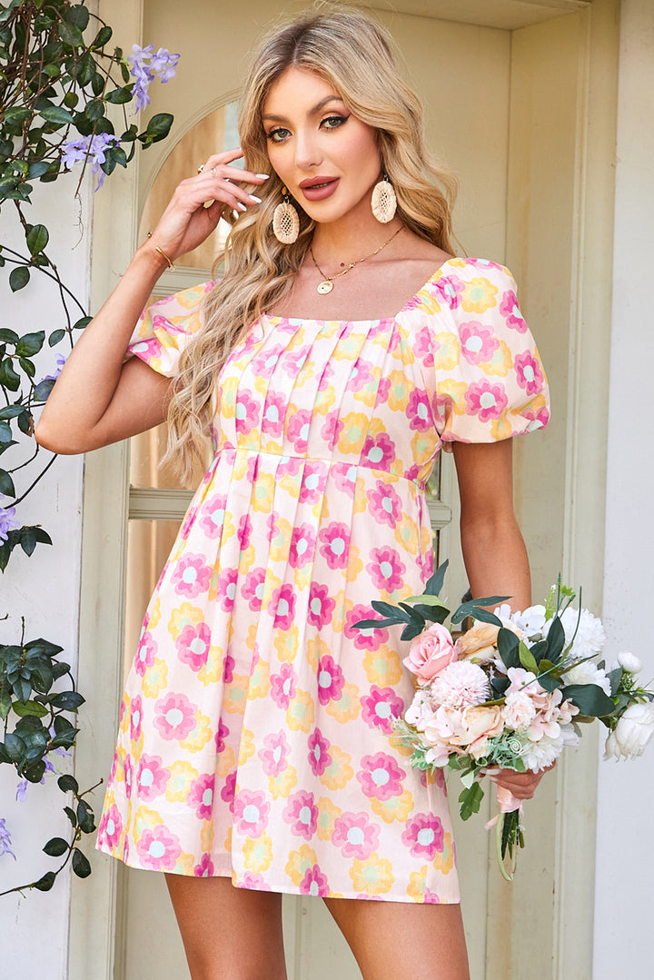 100 Cotton Rose Vibrant Floral Square Neck Pleated Flared Midi Dress