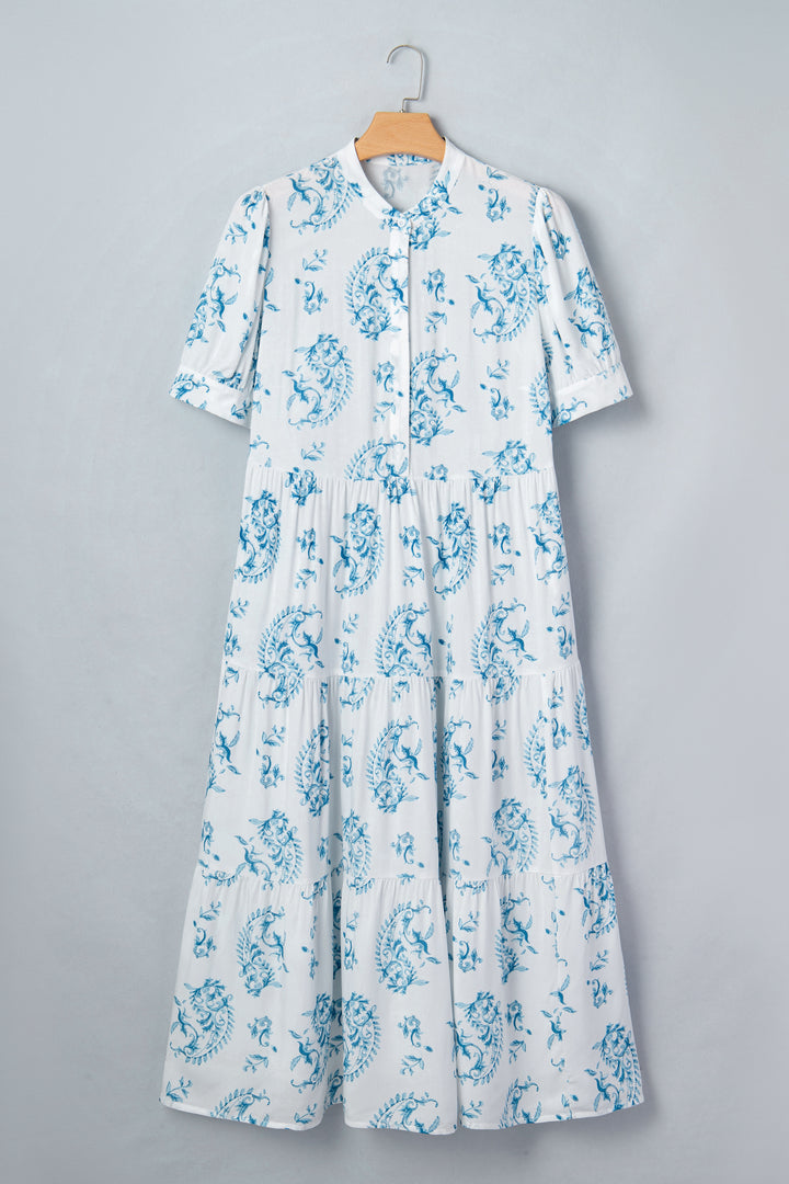 Sky Blue Plus Size Geometric Floral Print Short Sleeve Maxi Dress