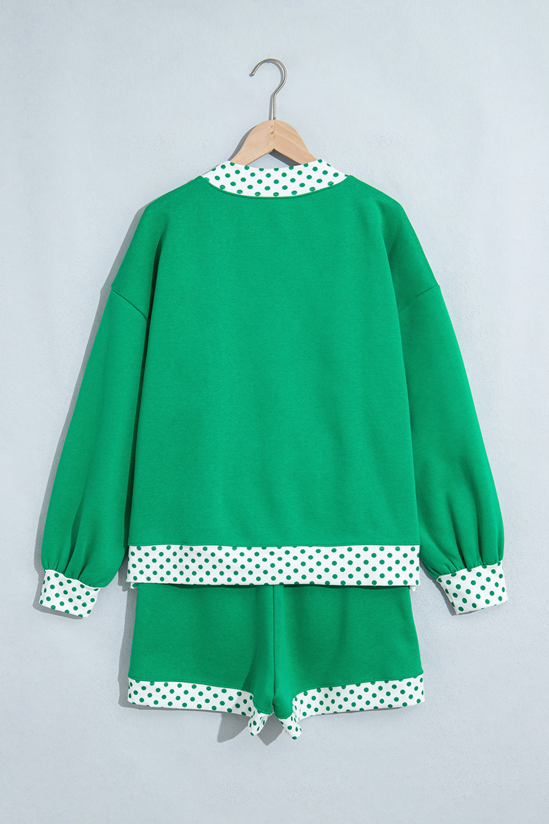 Bright Green Polka Dot Trim Baggy Pullover 2pcs Short Set