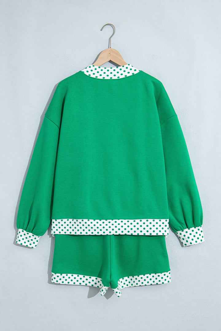 Bright Green Polka Dot Trim Baggy Pullover 2pcs Short Set