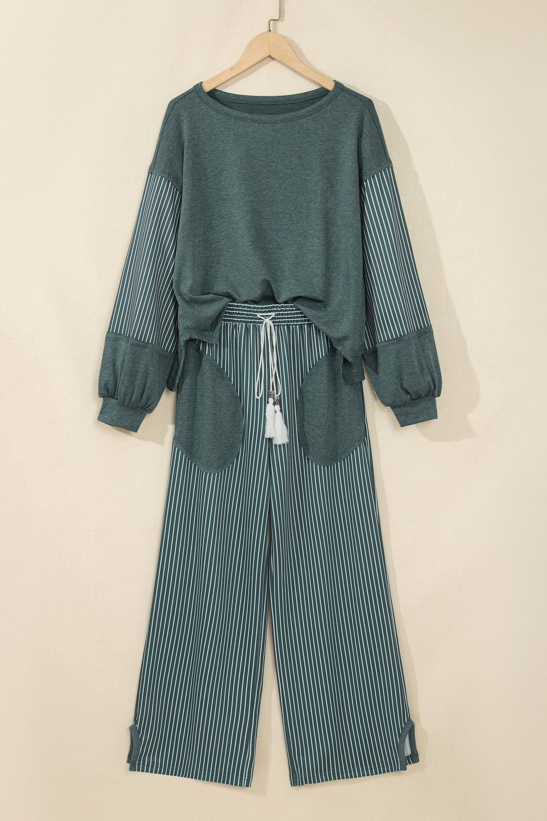 Green Bay Raw Seam Patchwork Long Sleeve Top Pocket Casual Pants 2pcs Set