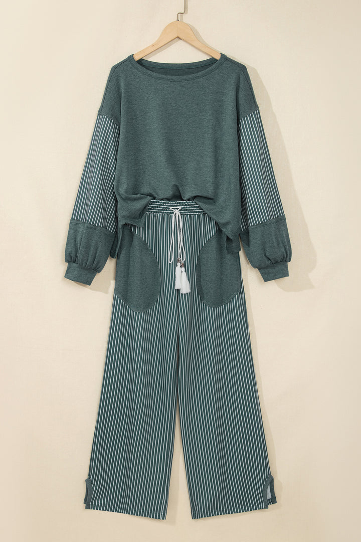 Green Bay Raw Seam Patchwork Long Sleeve Top Pocket Casual Pants 2pcs Set