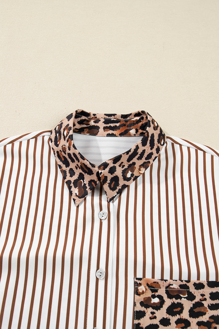 Contrast Leopard Patchwork Long Shirt Dress with Slits