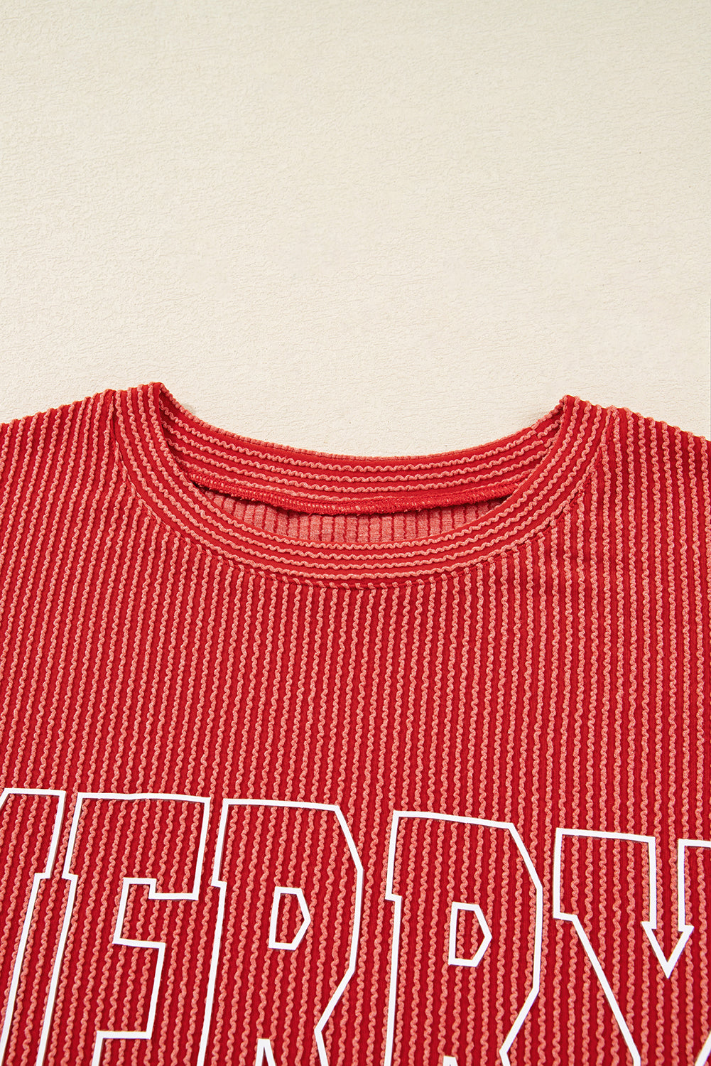 Twisted Rib Outlined Merry Letter Graphic Loose Long Sleeve Top