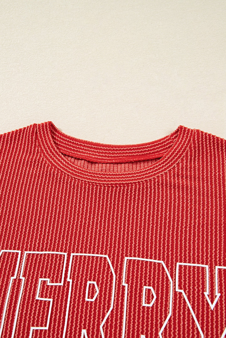 Twisted Rib Outlined Merry Letter Graphic Loose Long Sleeve Top