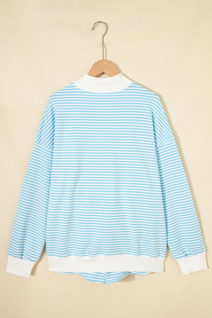 Sky Blue Stripe Oversize Mock Neck Sweatshirt and Shorts Set