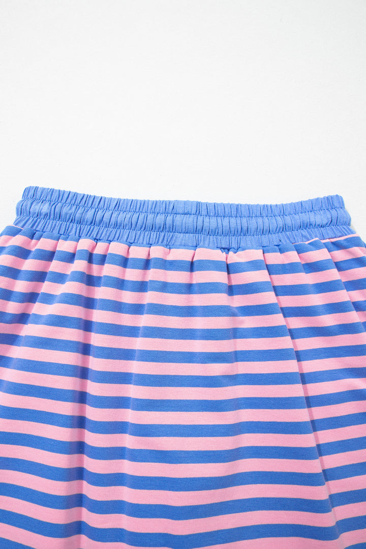 Blue Stripe Relaxed Short Sleeve Top Elastic Waist Skort 2pcs Set