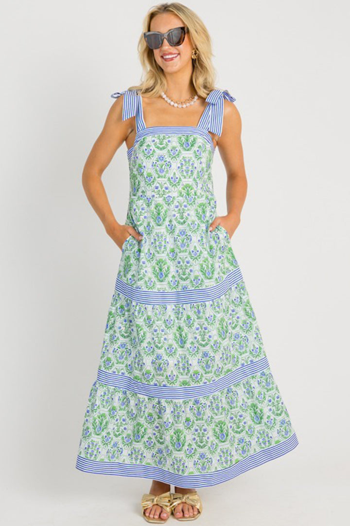 Green Geometric Floral Print Striped Sleeveless Dress（Runs Small ）