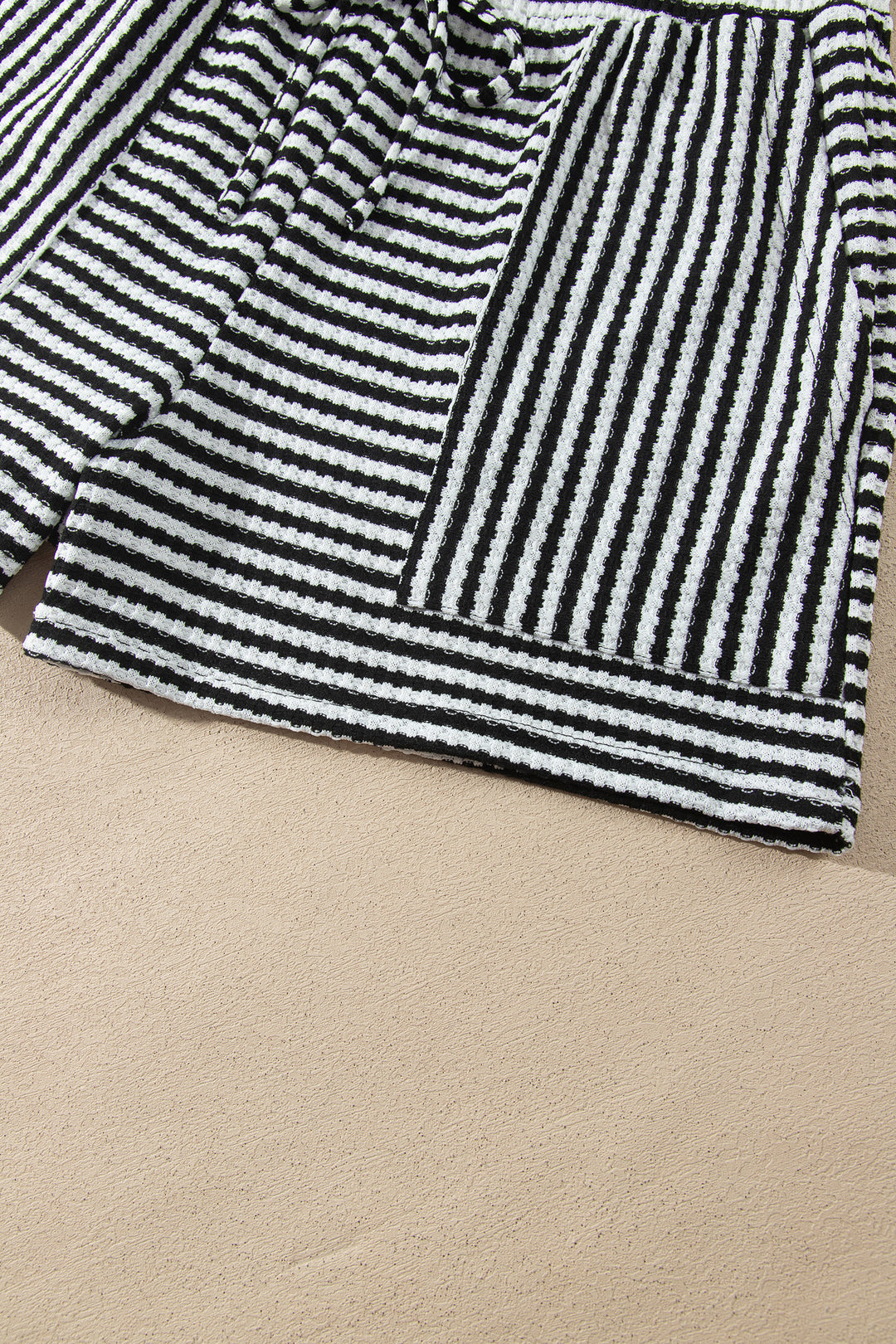Black Stripe Textured Knit Long Sleeve Top Elastic Waist Shorts Casual Outfit
