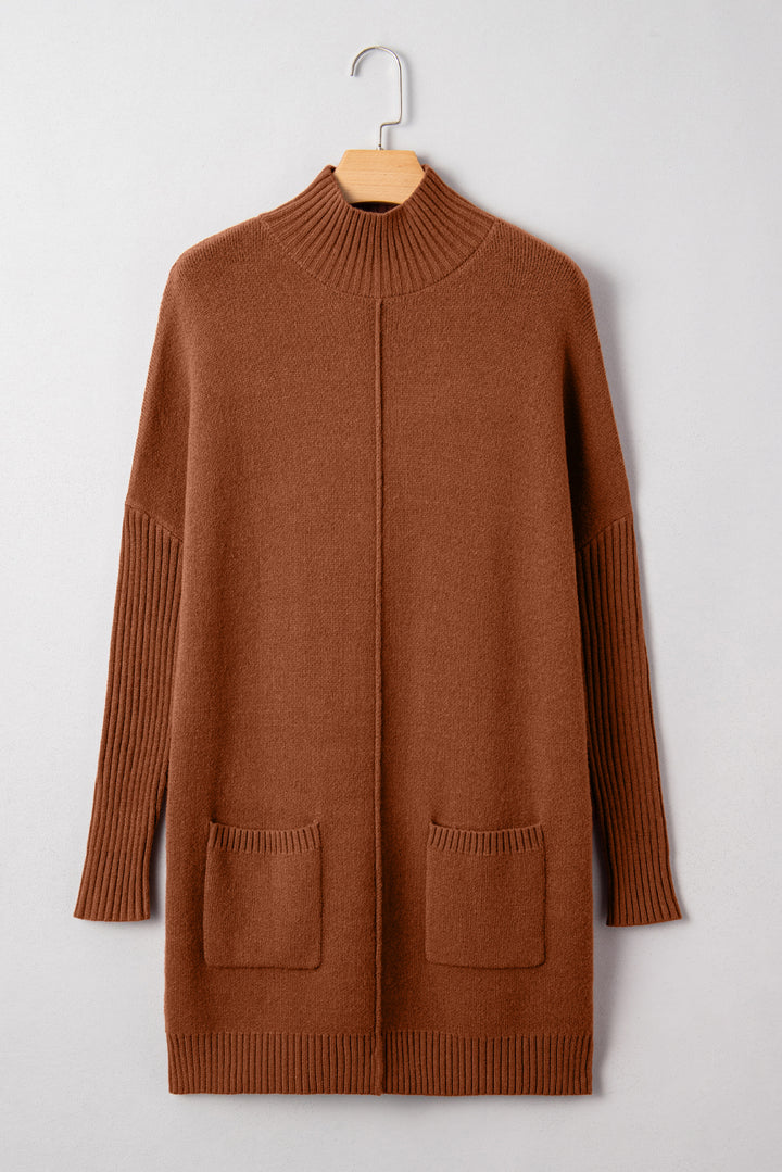 Ribbed High Neck Front Pockets Center Seam Shift Sweater Dress