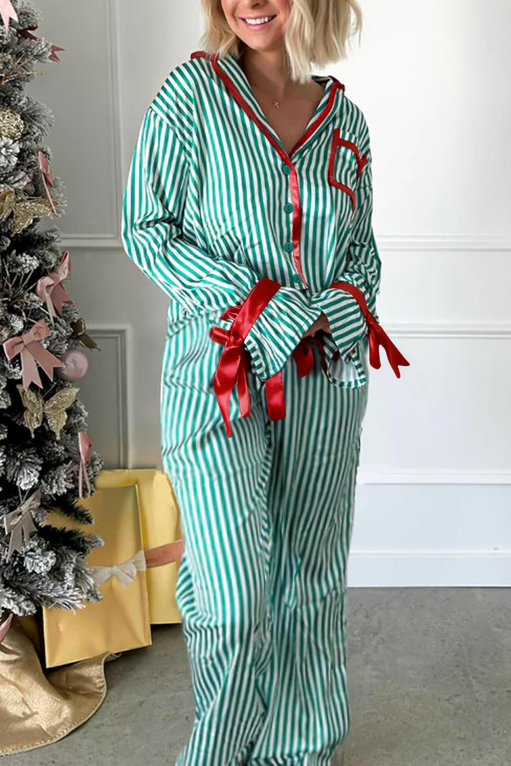 Green Stripe Contrast Velvet Trim Bow Knot Waist 2pcs Pajama Set
