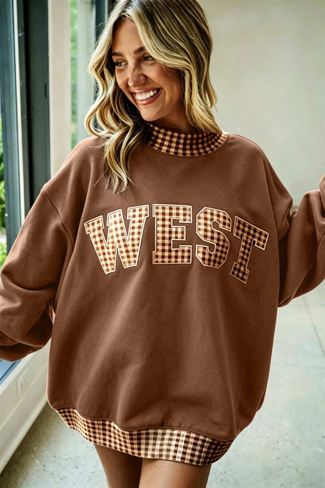 Chicory Coffee Plaid Trim High Neck WEST Letter Graphic Baggy Sweatshirt