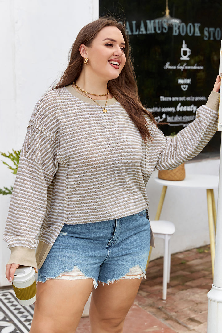 Brown Stripe Breathable Knit Ribbed Trim Plus Size Long Sleeve Top