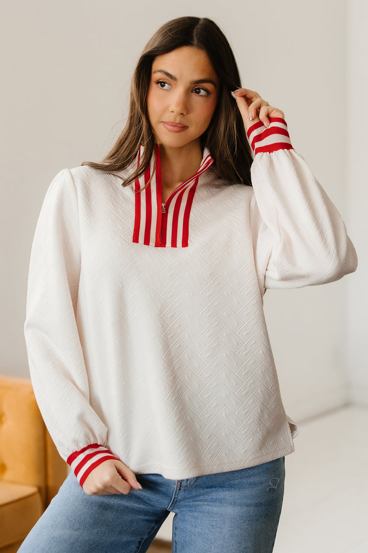 Textured Knit Contrast Striped Accent Zipped Collar Pullover Top
