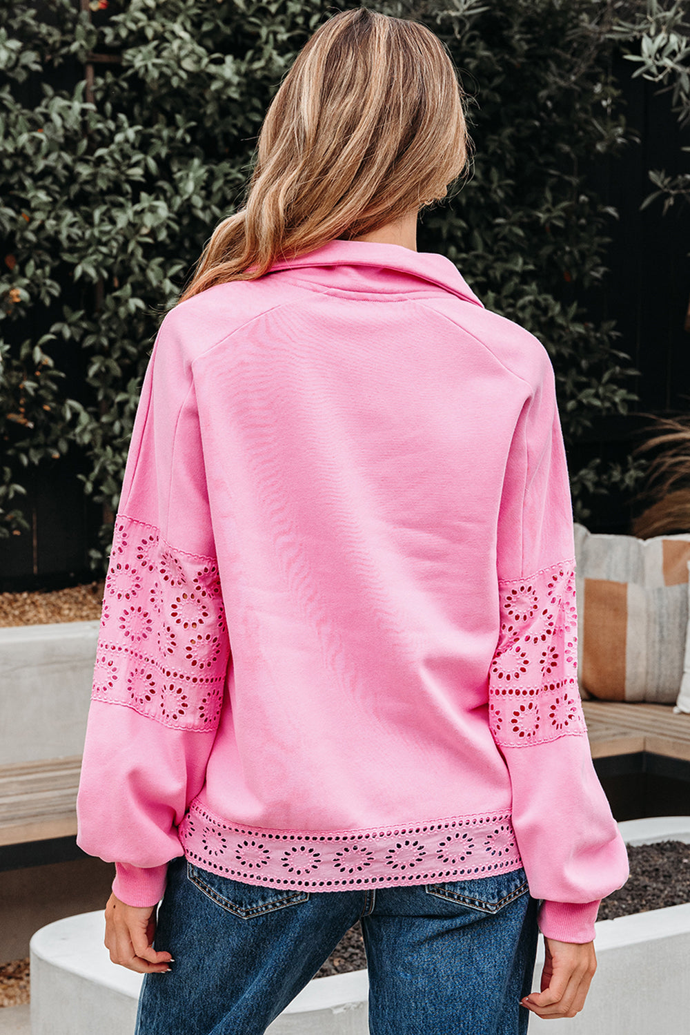 Embroidered Flower Patchwork Snap Buttons Pullover Sweatshirt