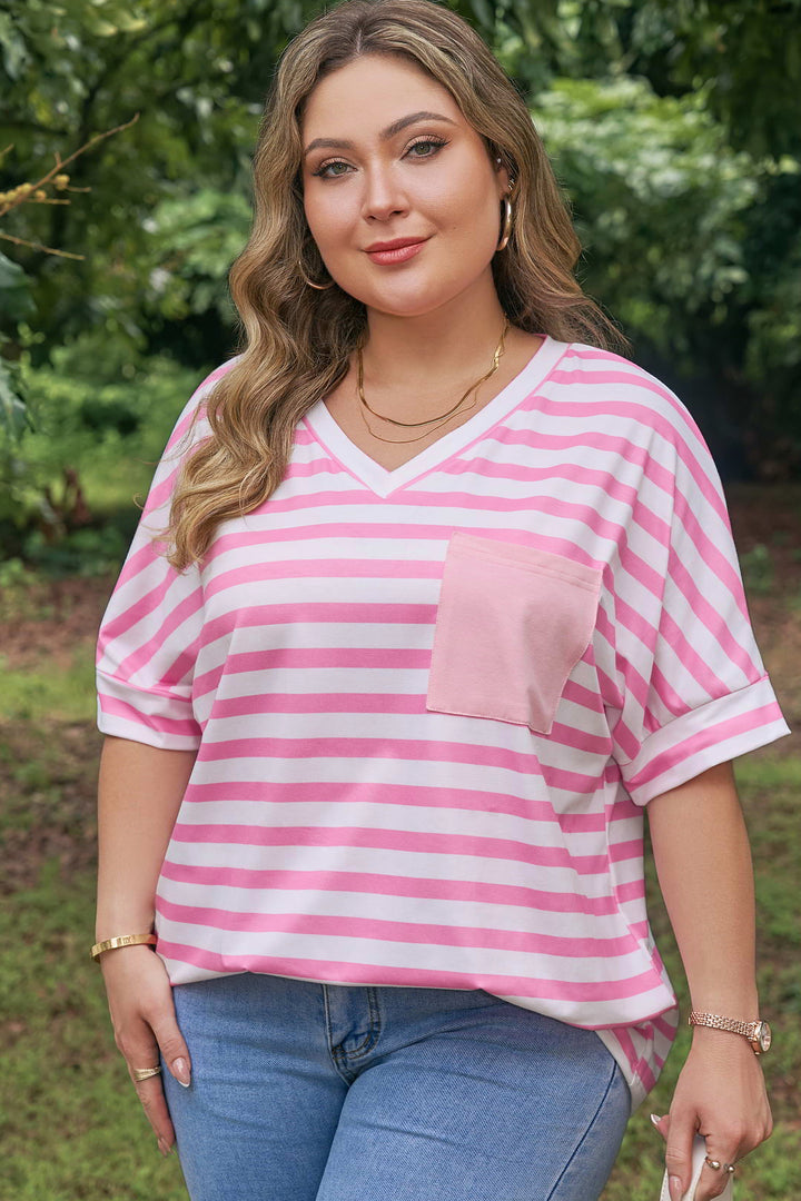 Pink Stripe Patched Pocket V Neck Plus Size Tee