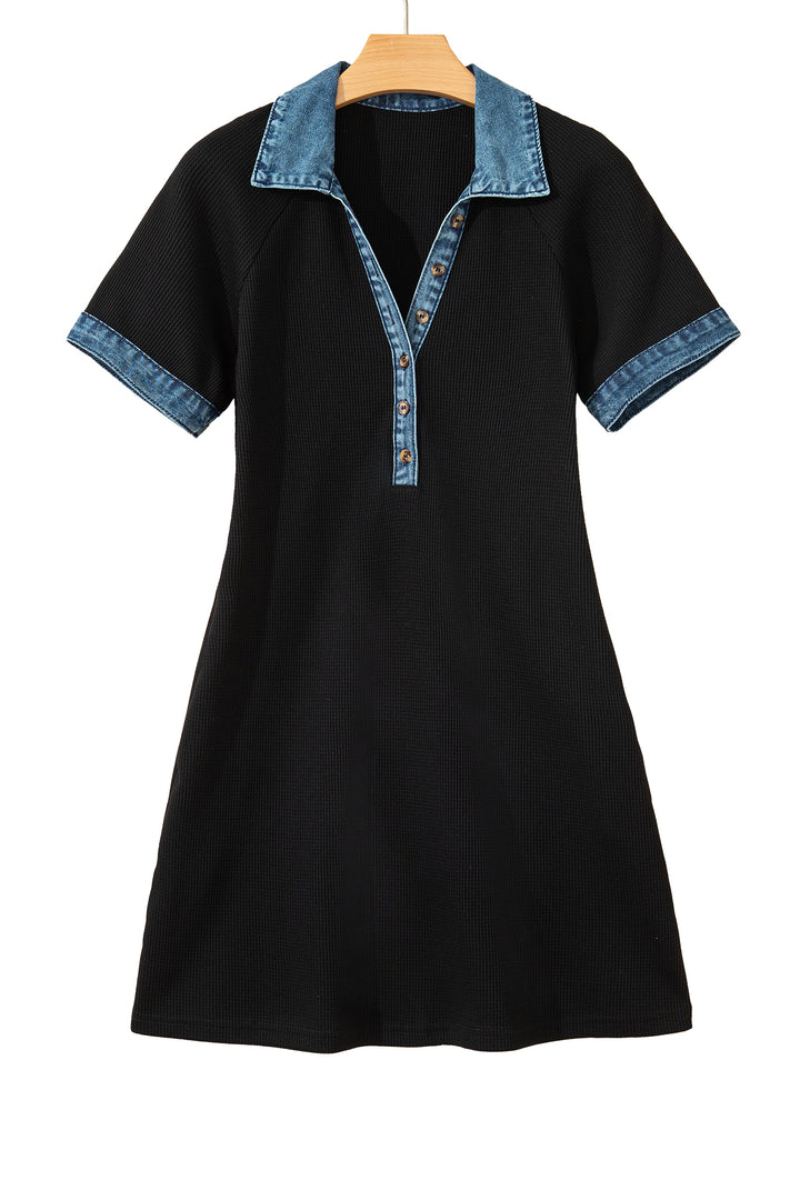 Black Waffle Knit Denim Contrast Trim Patchwork Button Polo Tee Dress