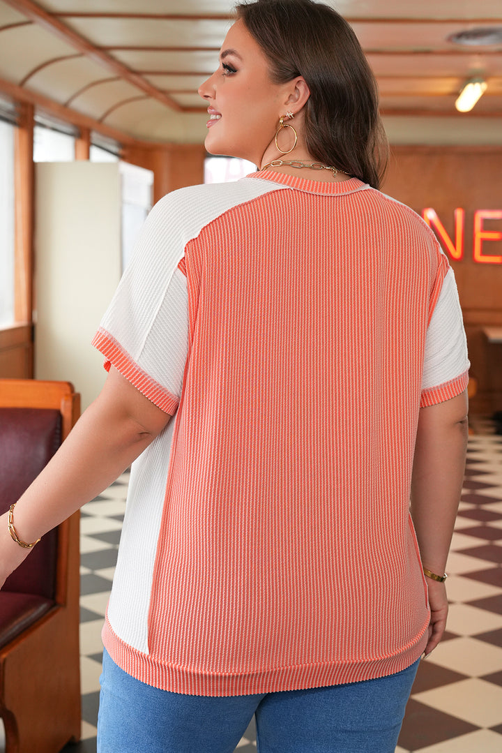 Carrot Twist Rib Colorblock Hi Low Plus Size Short Sleeve Top