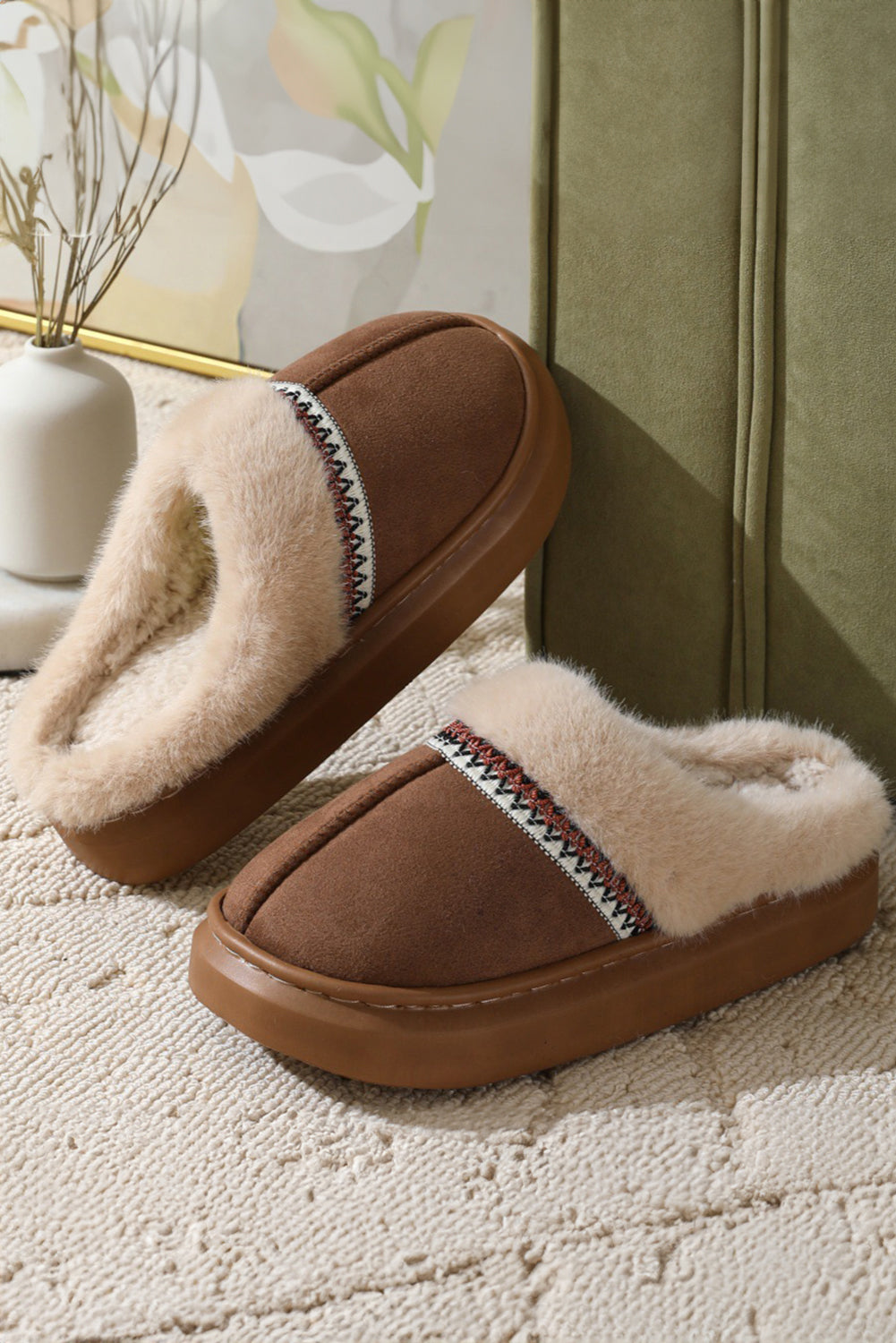 Western Woven Detail Faux Suede Furry Home Slippers