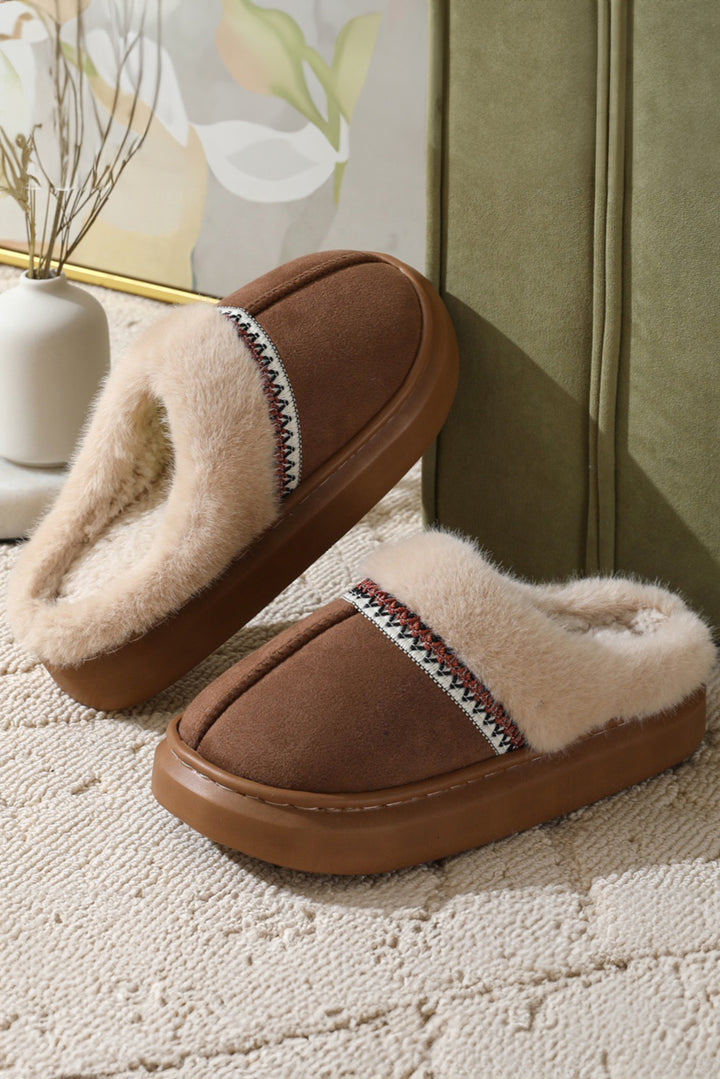 Western Woven Detail Faux Suede Furry Home Slippers