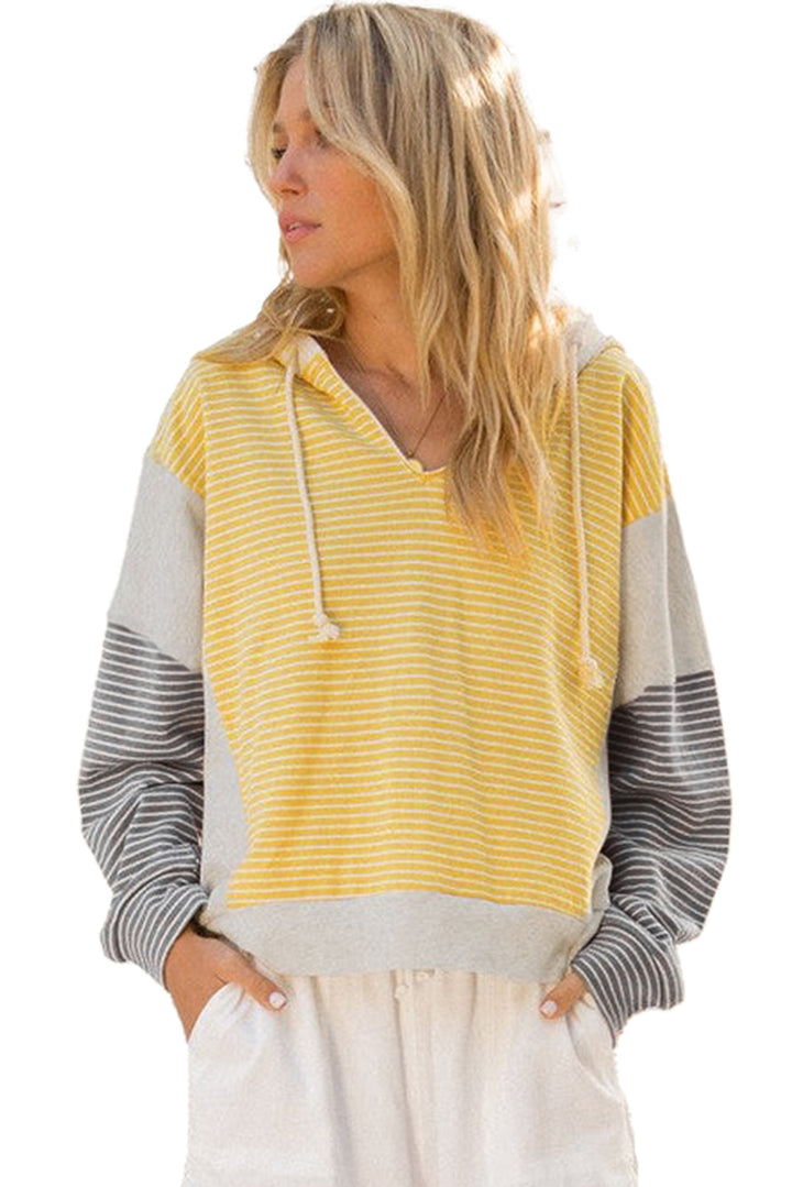 Color Block Drawstring V Neck Loose Fit Hooded Top