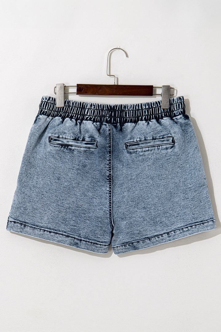 Dusk Blue Drawstring Elastic Waistband Pocketed Denim Shorts