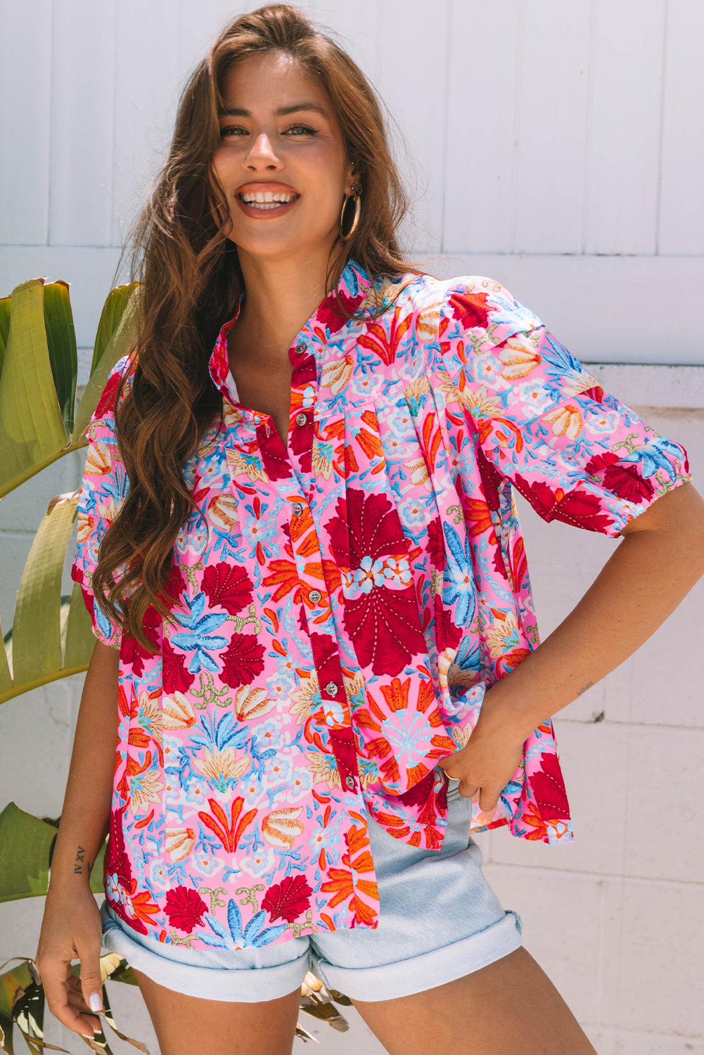 Floral Print Bubble Sleeve Button Up Pleated Shirt
