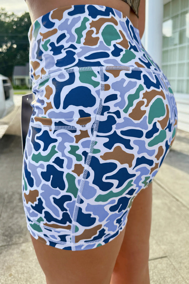 Sky Blue Abstract Camo Printed Seam Detail Biker Shorts