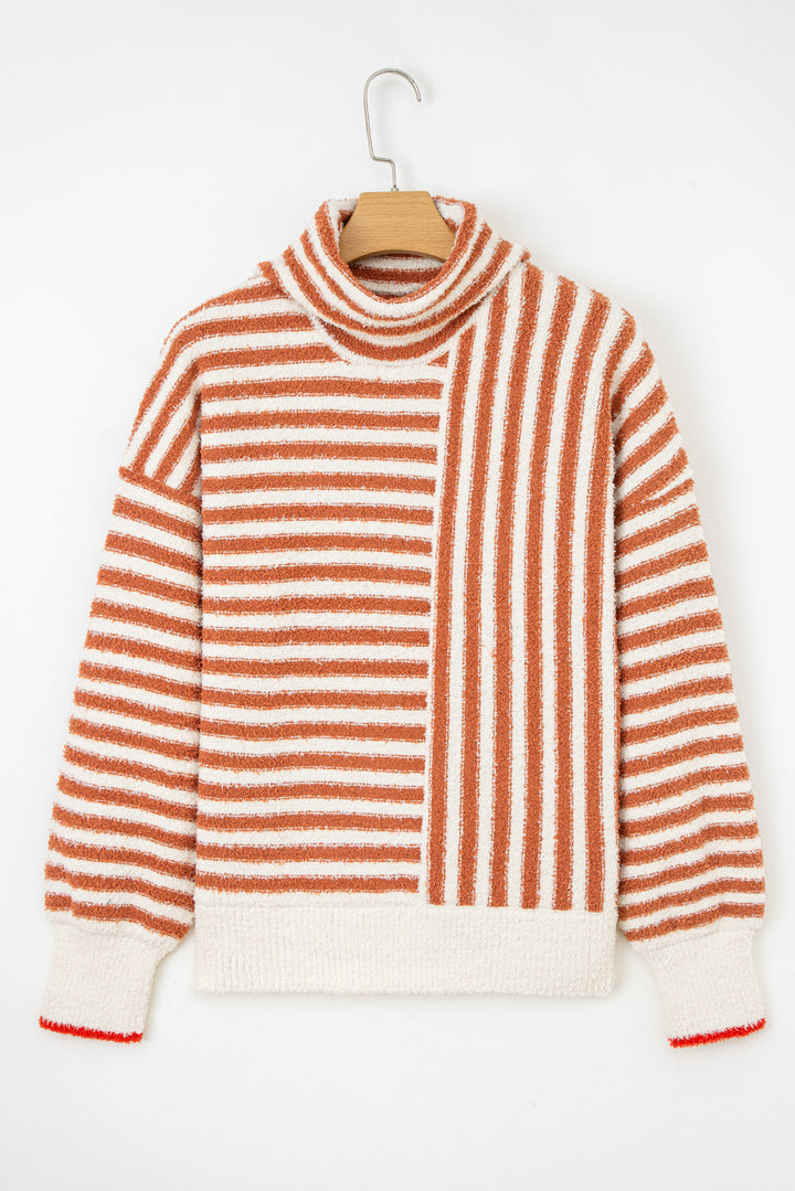 Orange Stripe Cowl Neck Drop Shoulder Sweater
