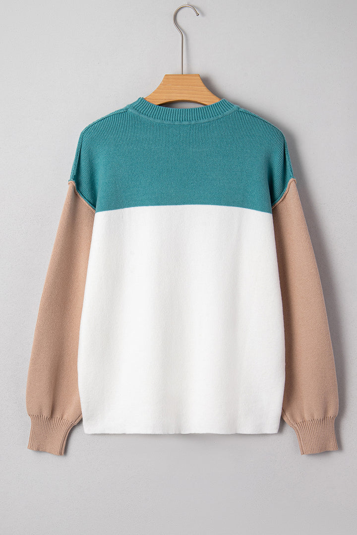 Color Block Plain Ribbed Knit Baggy Sweater