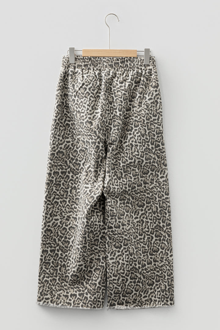 Brown Leopard Print Raw Hem Elastic Waist Loose Pull On Jeans