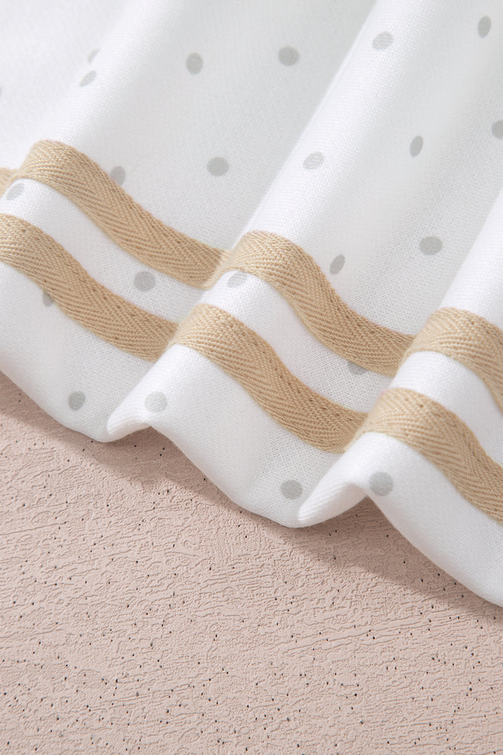 White Polka Dot Print Side Stripe Casual Sweatshirt 2pcs Short Set