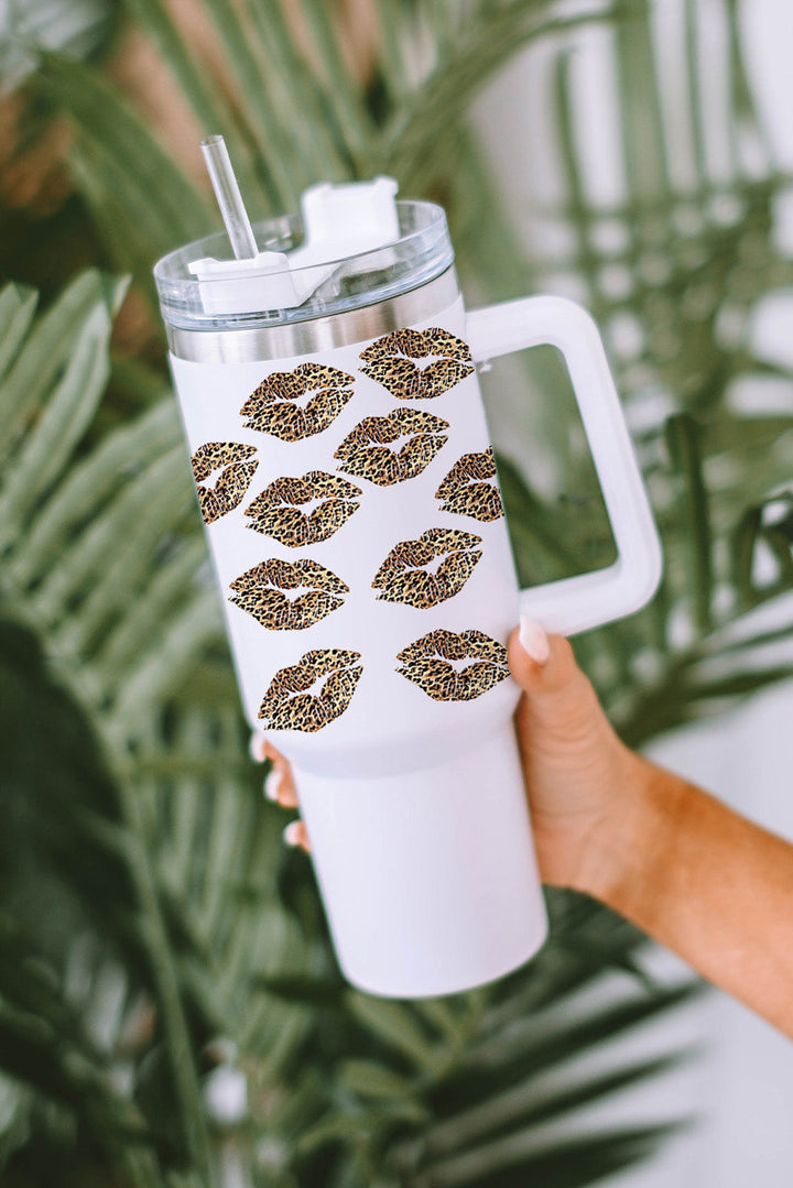 Valentine Leopard Lips Print Thermos Cup with Straw 40oz