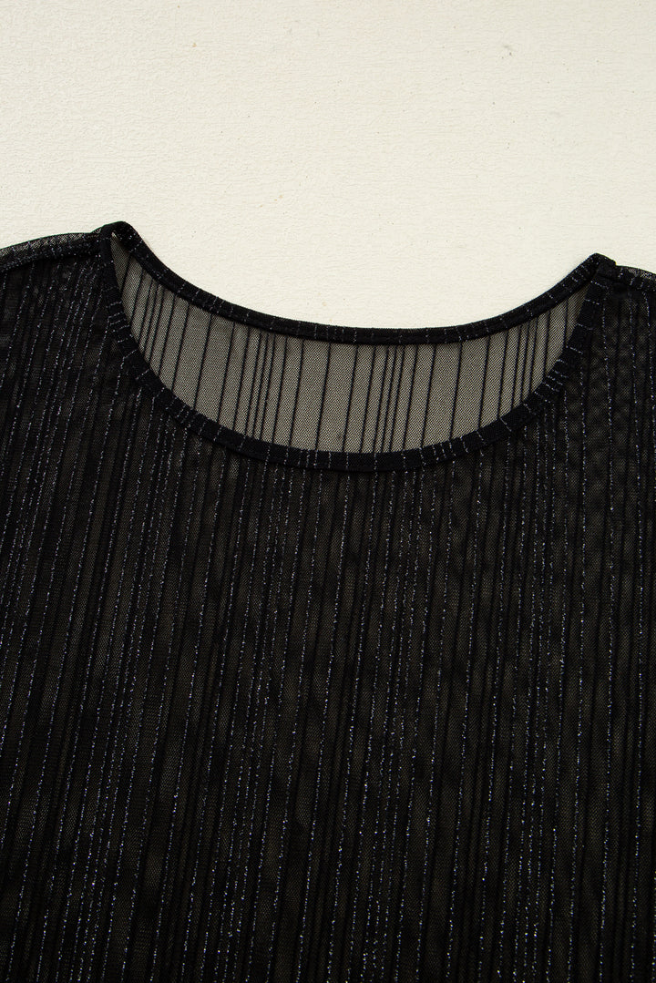 Black Plus Size Shimmer Textured Mesh Fitted Long Sleeve Top