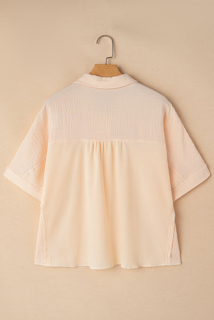 waffle splicing short batwing sleeve flap detail shirt