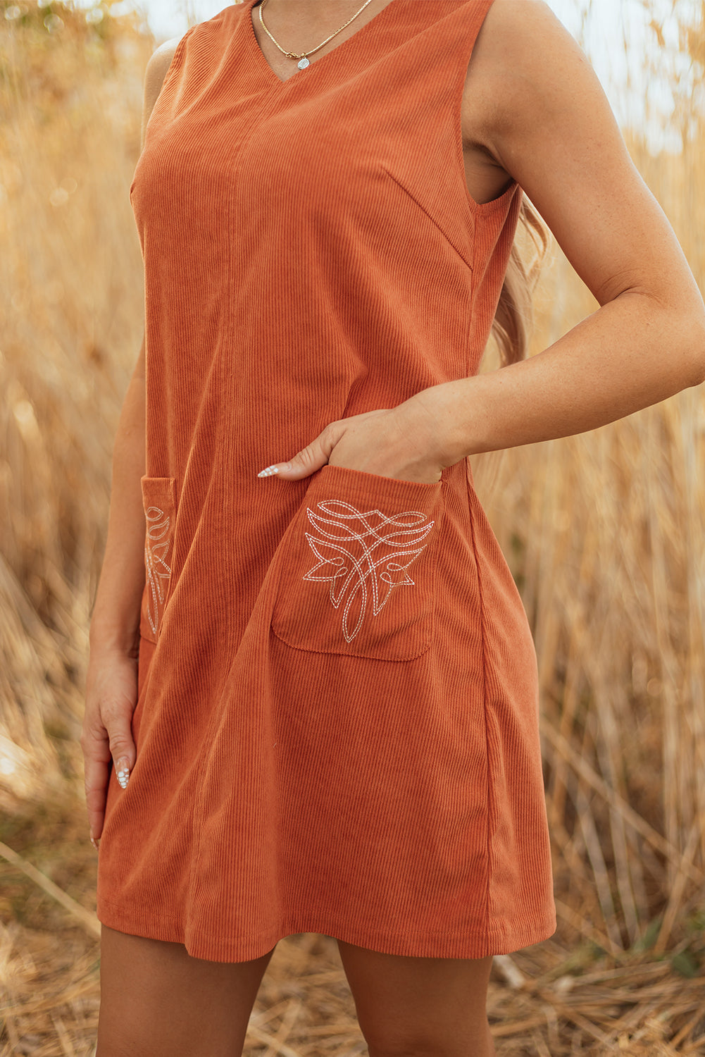 Corduroy Western Embroidered Patched Pocket Shift Sleeveless Mini Dress