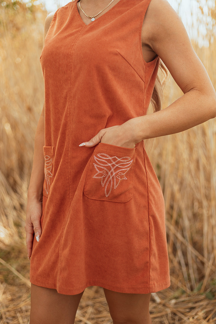 Corduroy Western Embroidered Patched Pocket Shift Sleeveless Mini Dress