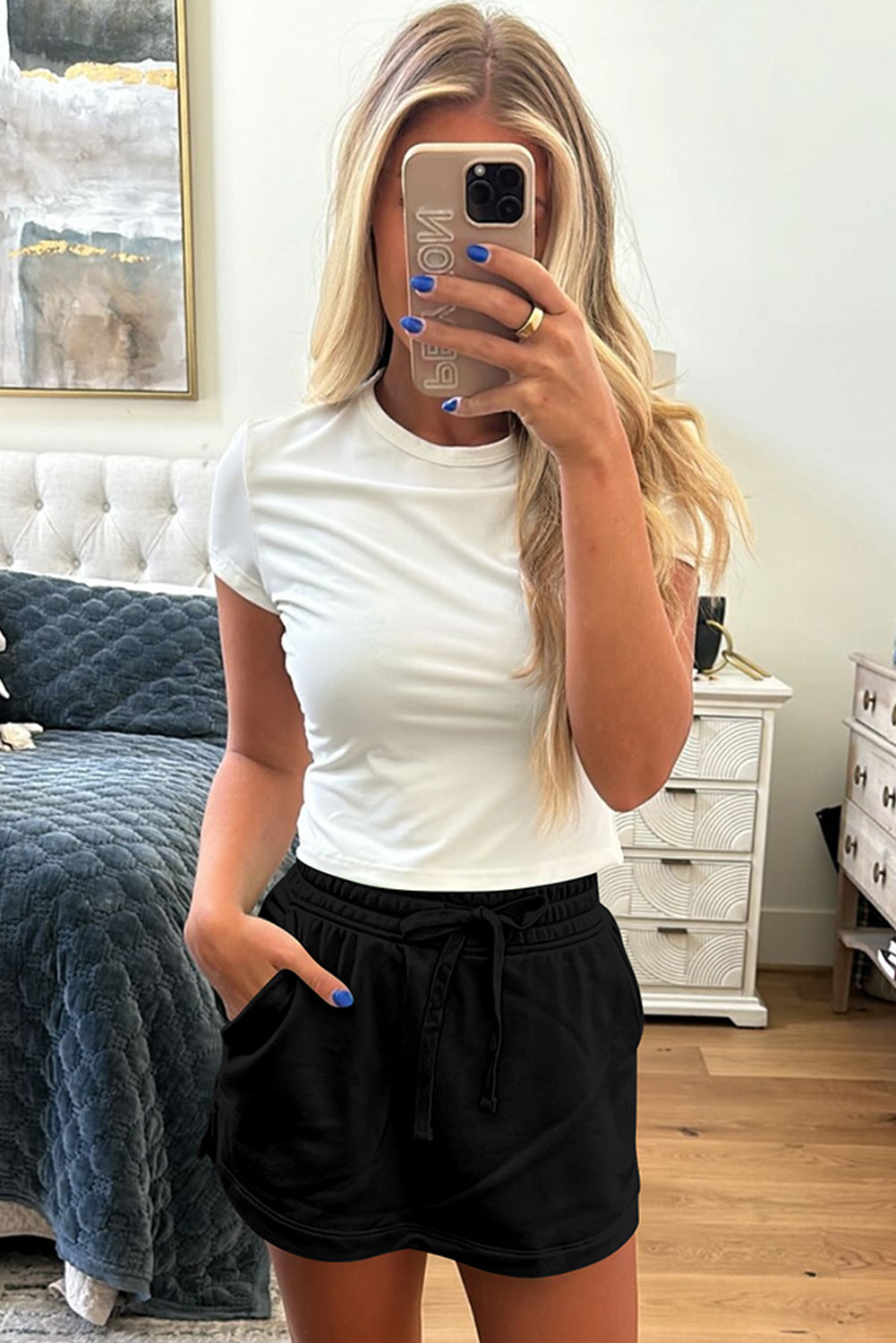 Black French Terry Drawstring Elastic Waistband Mini Skort
