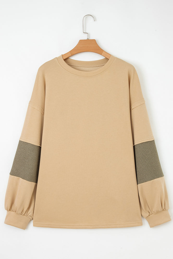 Laurel Green Exposed Seam Contrast Texture Patchwork Plus Size Drop Shoulder Pullover