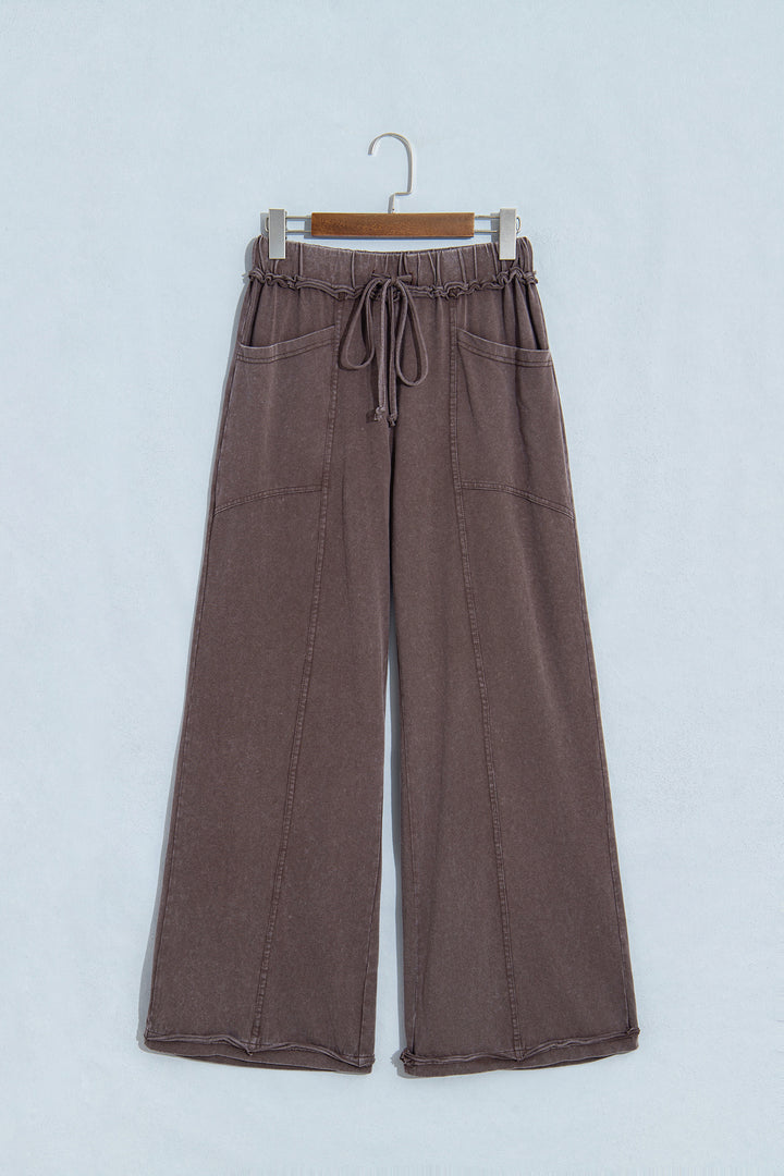 Coffee Mineral Wash Seam Detail Flare Leg Drawstring Pants
