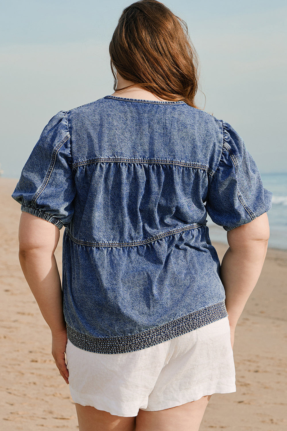 Plus Drawstring V Neck Puff Sleeve Denim Blouse